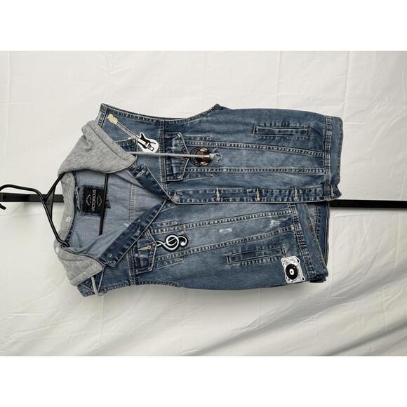 Women's Denim Vest with Gray Hood and Music-Themed Patches - Picture 3 of 5